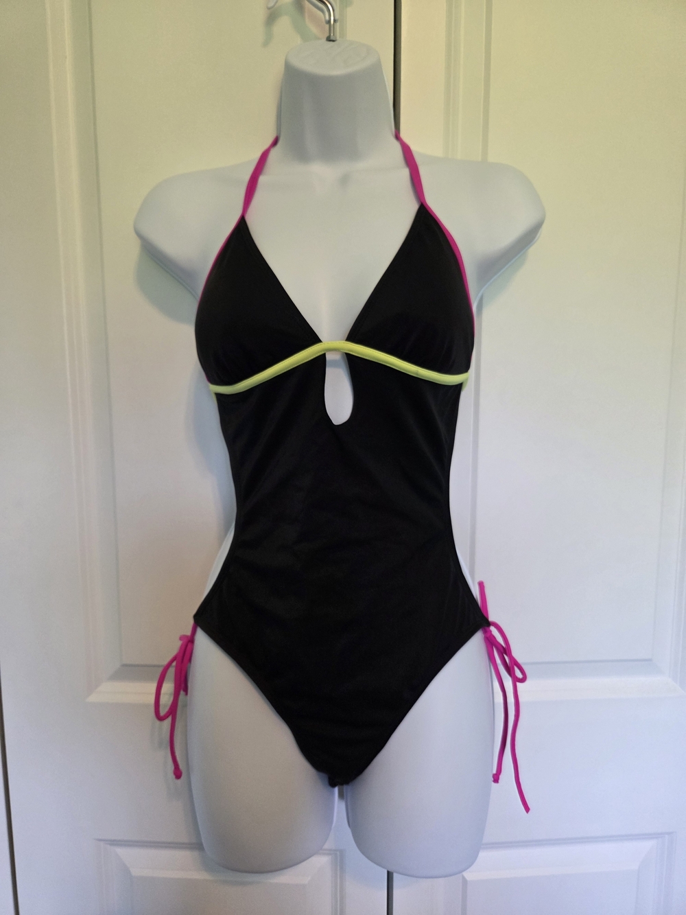 Black Poppy Black One-Piece Swimsuit with Pink and Neon Yellow Trim